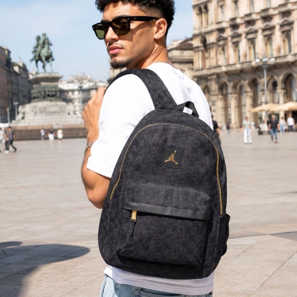 Jordan Monogram Backpack Mens 25L Black Gold Zip Jumpman 23 School Travel Bag
